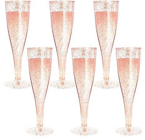 MR.FOAM Disposable Rose Gold Glitter Plastic Champagne Flutes, 6PC 6.5 oz, Wedding & Party Supplies