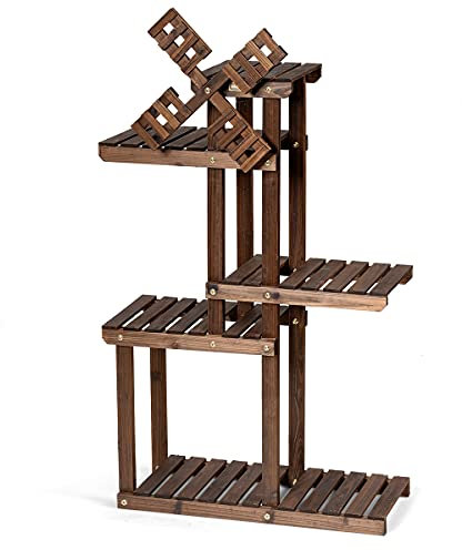 RELAX4LIFE Scaffale per Piante in legno con Mulino a vento Supporto per Piante per Soggiorno e Giardino e Balcone e Terrazza, Marrone (Modello 5)