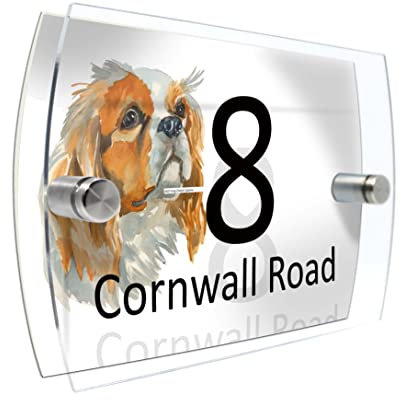 House Number Plaque Sign Door Road Plate for Dog Lovers Personalised Watercolour Print (D427 King Charles Spaniel)