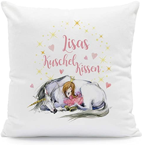 GRAVURZEILE Kissen mit Motiv - Einhorn Kuschelkissen - Personalisiert mit Name - Niedlisches Geschenk für Kinder - Geschenk für Mädchen zum Geburtstag Einschulung Weihnachten - Größe: mit Füllung
