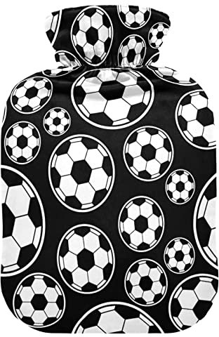 Football Black White Hot Water Bottle with Cover Soft Warm for Winter Bed Hand Neck and Shoulders,2 L