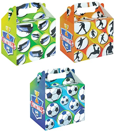 12 x Fußball-Boxen – Kinder-Themen-Geburtstagsparty-Geschenkboxen für Lebensmittel und Leckereien – leere Pappschachtel zum Befüllen und Verschenken – Kinder-Fußball-Partyboxen Großpackung – 14,5 cm x