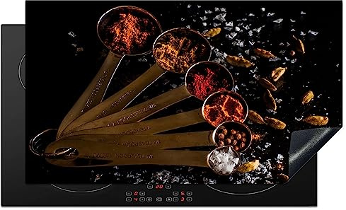 KitchenYeah© Induction Hob Protector Mat Cooker Top Protectors Cover | 20.5x35.4 / 90x52 cm - Ceramic Covers Electric Hobs Vinyl Herbs - Spoons - Salt - Spices - Black