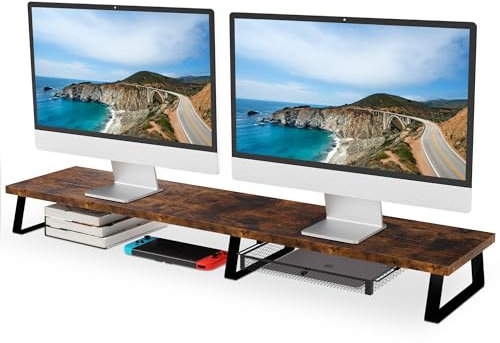 Aothia Vintage Dual Monitorständer aus Holz - Bildschirmerhöhung mit Schublade für Laptop/Computer/PC/TV,Bürobedarf für Computer - Perfekter bildschirmständer Schreibtisch,Vintage