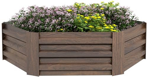 Outsunny Hochbeet aus Stahl, sechseckiger Blumenkasten mit offenem Boden, Pflanzkasten mit Holzoptik, Gemüsebeet für Balkon, Garten, Dunkelbraun, 113 x 98 x 30 cm