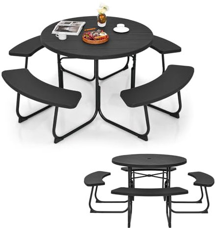 KOMFOTTEU Ensemble de Table de Pique-Nique pour 8 Personnes, 4 Sièges, Table d’Extérieur Ronde avec Trou pour Parasol, Meuble de Jardin en HDPE & Métal avec 4 Bancs,φ190 x 76 cm (Noir)