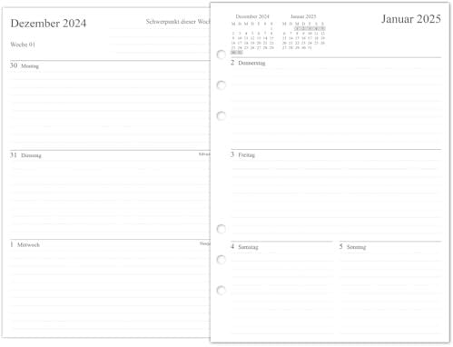 newestor 2025 Wochenplaner Einlage A5, 1 Woche auf 2 Seiten, Kompatibel mit Filofax A5 Organiser