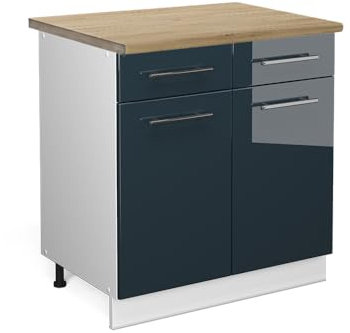 Vicco Küchenunterschrank Fame-Line, Dunkelblau Hochglanz/Weiß, 80 cm, AP Eiche