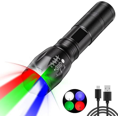 POCKETMAN Zoombar LED Taschenlampe 4 Farben in Einer(Rot,Weiß,Grün,Blau),Extreme Helle Handlampe Wiederaufladbar,4 Modi,Multifunktionale für Outdoor,Astronomie,Nachtsicht,Wandern