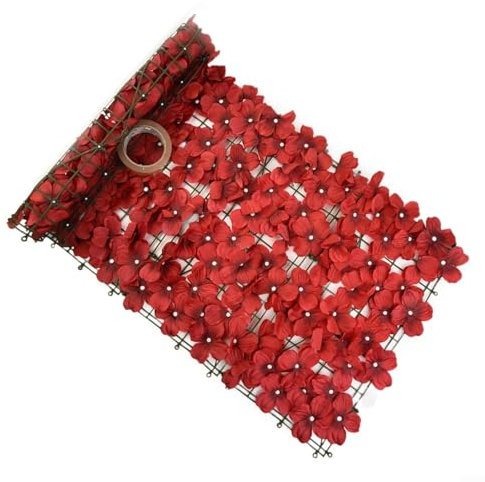 Emiif Artificial Flowers Fence Screen Leaf Privacy Fence Screening Trellis Roll Decorative Foliage Wall Cover for Garden Decor Outdoor Hedge Panel(Red)