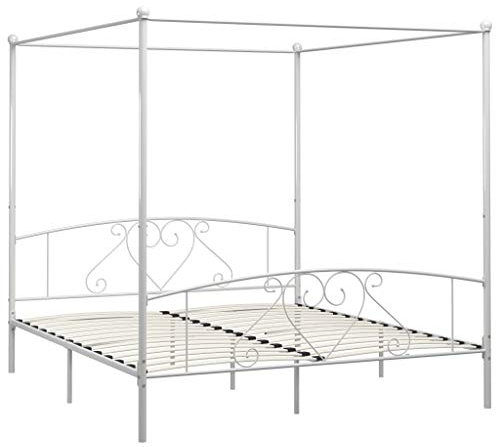 Himmelbett-Gestell, Metallbett 180 x 200 cm weiß mit Oberrahmen und Lattenrost für Schlafzimmer