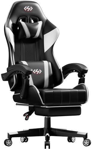 HLFURNIEU Silla Gaming Ergonómica, Silla Gamer con Reposapiés y Soporte Lumbar, Silla Ordenador con Spring Cushion, Sillon Gamer Altura Regulable, Respaldo Ajustable, Cadeira Gaming Negro y Blanco