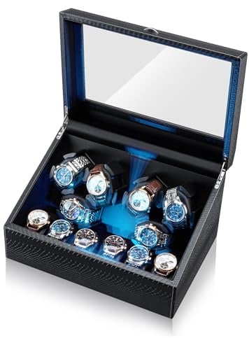 Mcbazel Uhrenbeweger 6 Uhren + 6 Gitter Aufbewahrung mit LED-Licht, Watch Winder Uhrenwinder Leiser Motor 4 Rotationsmodi, USB DC betrieben, Unabhängige Steuerung für Drehteller