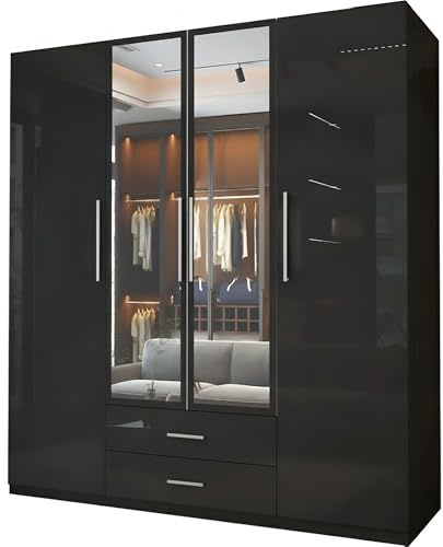 MN Furniture High Gloss 4 Door Hinged Wardrobe with Mirror, Drawers Shelves & Hanging Rails, Bedroom Storage (Black, 160cm)