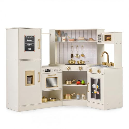 DREAMADE Cuisine Enfant d'angle, Cuisine en Bois avec Plaques de Cuisson avec Lumières et Sons, Robinet à Circulation d'eau, Micro-Ondes & Four, Distributeur de Glaçons, Lave-Vaisselle