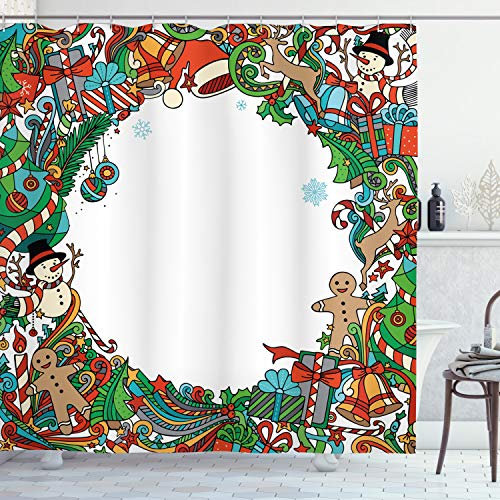 ABAKUHAUS Weihnachten Duschvorhang, Urlaub, Stoffliches Gewebe Badezimmerdekorationsset mit Haken, 175 x 200 cm, Grün Rot