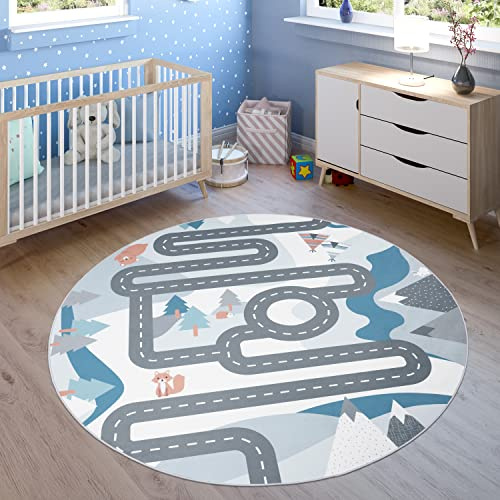 Paco Home Teppich Kinderzimmer Kinderteppich Spielteppich Junge Mädchen Tiere Straßen Muster rutschfest Creme Blau Grau, Grösse:Ø 200 cm Rund