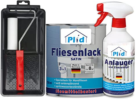 PLID® Fliesenfarbe Badezimmer & Küche [FEUCHTIGKEITSBESTÄNDIG] Fliesenlack Weiß satin 0.75l fürs Bad - Fliesen neu streichen & lackieren im Innenbereich - 3in1 Fliesen Farbe Lack - Set