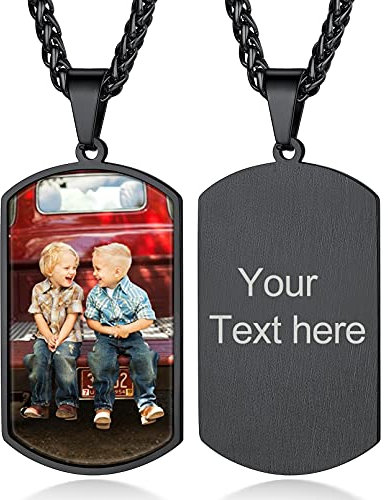 Custom4U Damen/Herren Halskette mit Fotogravur und Textgravur Edelstahl Hundemarke Anhänger Halskette mit Motiven-Gravur für Memorial in Schwarz mit 55cm+5cm Kette Modeschmuck Geschenk