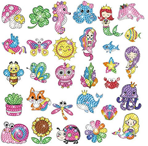 Diamond Painting Aufkleber, CAYUDEN 30Stück 5D Diamant Painting Bilder Kinder DIY Diamond Painting Kinder Mädchen Meerjungfrau Diamant Malerei Aufkleber Kit für Mitgebsel Kindergeburtstag Gastgeschenk