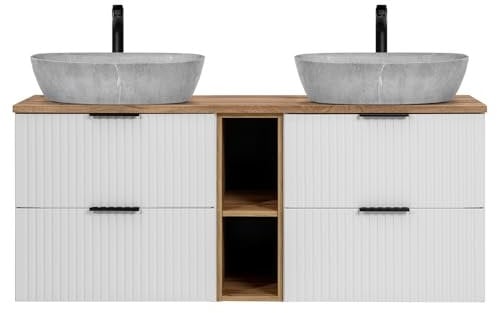 Lomadox Waschtisch 140cm mit 2 Aufsatzbecken, weiß mit Eiche Nb., Front gerillt, Keramikwaschbecken Beton Optik hell