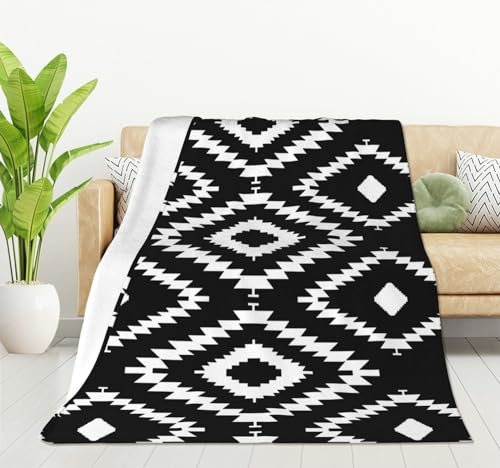 HGOD DESIGNS Schwarz-weiße sich wiederholende geometrische Fliesen mit gepunkteten Rhombus-Flanell-Fleece-Bettdecke, Überwurf, Decke, leicht, gemütlich, Plüschdecke für Schlafzimmer, Wohnzimmer, Sofa,