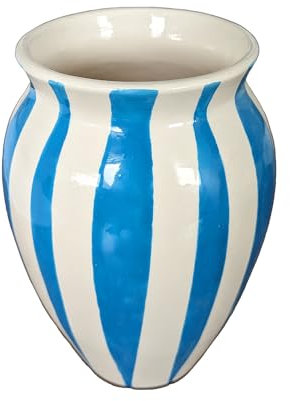 your castle Blumenvase handgemachte Keramikvase Dekorative Vase klein handbemalt gestreift creme-hellblau, 17 cm hoch