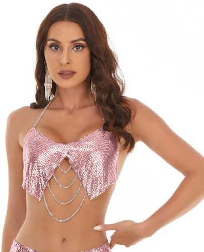 Women's Glitter Sparkle Sequin Halter Crop V-Neck Sleeveless Show Top for Night Club Party