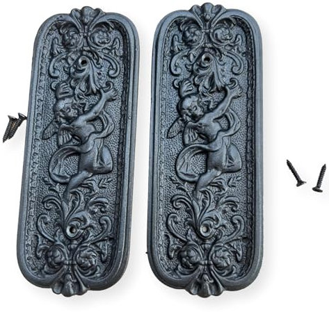 Set of Two Antique Style Rustic Cast Iron Door Push Plates with Ornate Cherub Design - Vintage Finger Plate Decor
