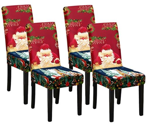 Stuhlhussen Weihnachten 4er Set, Stretch Weihnachts Stuhlhussen Schwingstühle, weihnachtsdeko Stuhlbezug, Weihnachtsstuhlhussen, Abnehmbare Waschbare Stuhlhussen Rot, Chair Cover Universal Stuhlbezüge