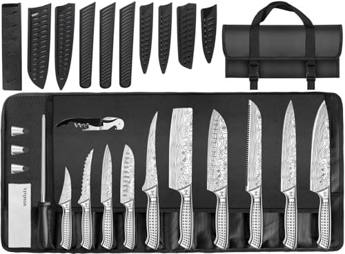 MOSFiATA Chef Knife Set, 17PCS Portable Sharp Kitchen Knife Sets, High Carbon Japanese Stainless Steel Professional Chef Knives Set with Knife Roll Bag Sharpener for Outdoor Travel Camping BBQ