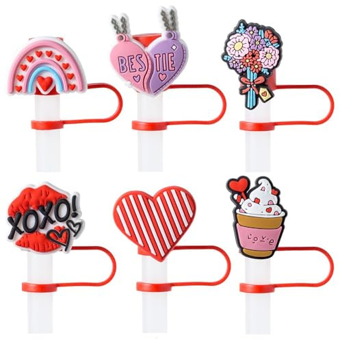Yamobi Set of 6 Valentine Straw Cover Caps for Stanley Cup, Reusable Silicone Straw Lids Accessories for Stanley, Dust and Portable Drinking Accessories