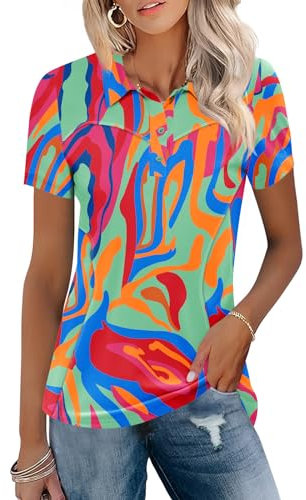 IECCP Poloshirts für Damen Kurzarm Polohemd Schnelltrocknend Golf Sportshirts Leicht Atmungsaktiv Tops Workout Sommershirts 2025 mit 3-Knopfleiste(Rot Druck,L)