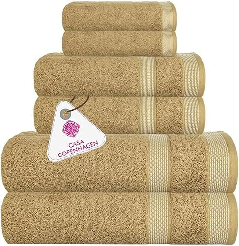 Casa Copenhagen Solitaire 6-teiliges Handtuch-Set – Beige, 600 g/m², 2 Badetücher, 2 Handtücher, 2 Waschlappen aus weicher ägyptischer Baumwolle für Badezimmer, Küche und Dusche