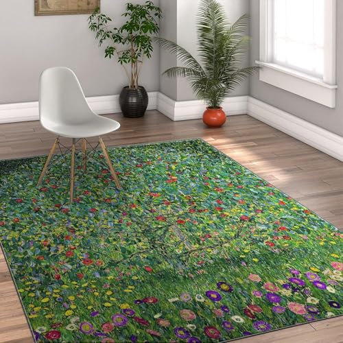 AAFUOO Blumen-Badezimmerteppiche, 150 x 180 cm, Gustav Klimt, Italienischer Gartenteppich für das Wohnzimmer, grüner, Schlafzimmerteppich mit Blumen-Ölgemälde, Rutschfester waschbarer Teppich