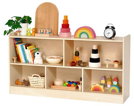 Leeshyah Wooden Toy Shelf for Kids, Montessori Book & Toy Organizer with Open Shelving, 5-Section Customizable Layout for Kids’ Room, Playroom & Classroom