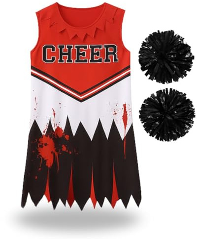 Girls Zombie Cheerleader Costume - Kids Scary Cheer Outfit with Dress & Pom Poms - Halloween Costumes Fancy Dress & School Events