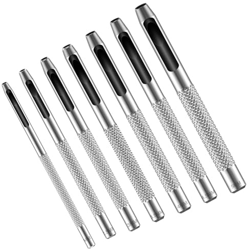 7PCS Hollow Leather Hole Punch Set, Maugruy Metal Round Punching Hole Tool, 5/64–13/64in (2–5mm) with Anti-Slip Grip for Belts, Watch Bands, Paper, Plastics, DIY, Repair Tools
