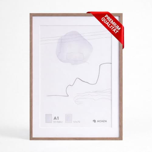 ACAZA A1 Bilderrahmen 59x84 cm mit Passepartout und Holzfurnier, 50 x 70 cm ohne Passepartout, Holzrahmen mit Acrylglas, für Fotos, Poster und Puzzles, Hoch- und Querformat, Räuchereiche