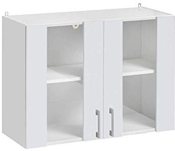 Cuisineandcie - MEUBLE HAUT DE CUISINE ECO Blanc Brillant, 2 Portes Vitrées L60cm + Étagère - Armoire de Cuisine Rangement