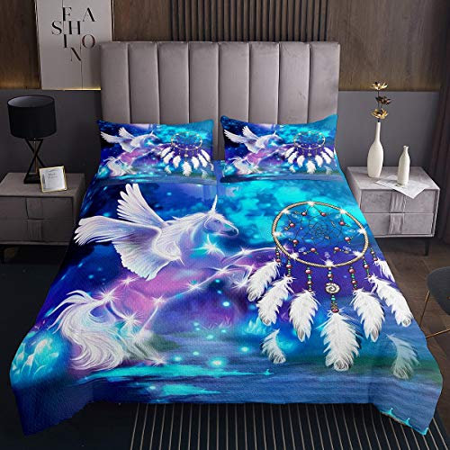 Tbrand Traumfänger Tagesdecke Einhorn Magisches Tier Bettüberwurf 220x240cm Tagesdecke Boho Traumfänger Steppdecke für Teenager Raumdekoration Verträumtes Pferd Gedruckt
