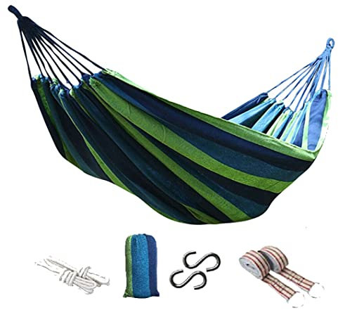 Outdoor Single/Double Hammock Garden Camping Canvas Hammock Hanging Bed Swing 2 ropes 2 straps and 2 S-shaped hooks 260x150cm (Blue, Double)