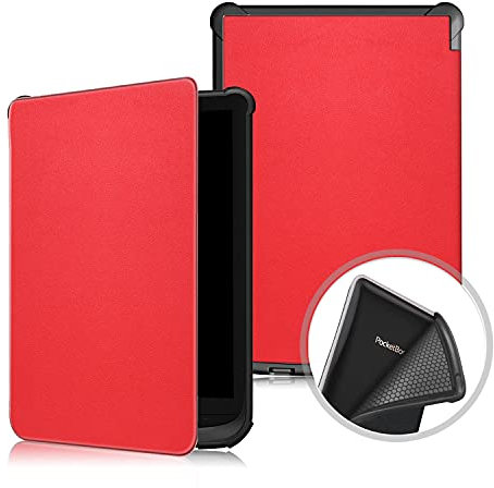 INSOLKIDON Coque pour Pocketbook Touch Lux 4 / Touch Lux 5 / Basic Lux 2 / Touch HD 3 Étui Coque en Cuir avec Support Housse de Protection avec Fonction Sommeil/Réveil Automatique (Rouge)