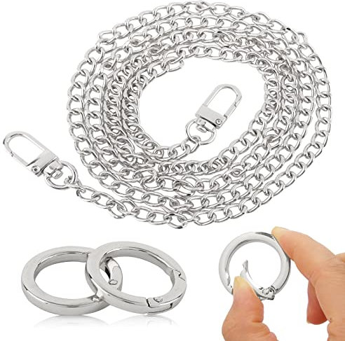 BETESSIN Handtasche Kette Metall Silber 120cm Trageriemen mit 2Pcs Karabinerring O-Ring Taschen Ketten Schultergurt Geldbörse Schulterriemen Kettenriemen DIY Tascheherstellung Handwerk