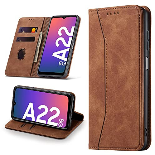Leaisan Handyhülle für Samsung Galaxy A22 5G Hülle Premium Leder Flip Klappbare Stoßfeste Magnetische [Standfunktion] [Kartenfächern] Schutzhülle für Samsung A22 5G Tasche - Braun