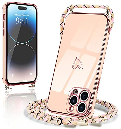 Micoden Handykette für iPhone 14 Pro Hülle Necklace mit Band Herz Design | Kameraschutz Handyhülle Herz Design Galvanik Dünn Silikon Case Bumper Kordel zum Umhängen Stoßfeste Schutzhülle, Rosa