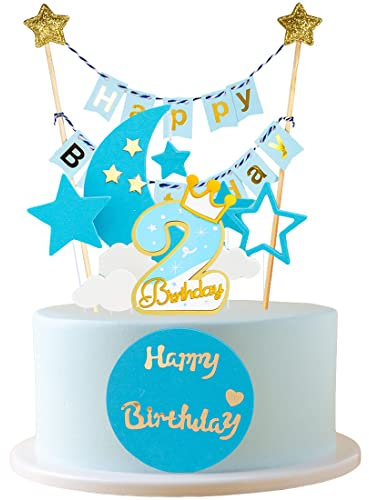 JKJF 2 Geburtstag Tortendeko Junge 2. Geburtstag Kuchen Topper Happy Birthday Banner Girlande Kuchendeko Sterne Wolken Mond Cake Toppers für Baby Kinder Geburtstag - Blau