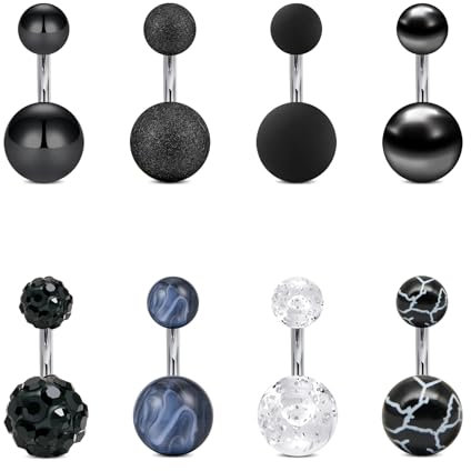 FECTAS 8pcs Kurzes Bauchnabelpiercing 6mm Chirurgenstahl 14G Bauchpiercing Piercing Bauchnabel Schwarz