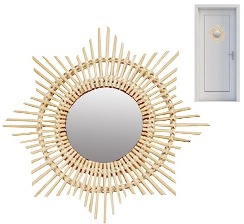 PRIMUZ Rattan-Kinderzimmerspiegel, nordischer Korb-Rattan-Spiegel, Rattan-Spiegel Boho zum Aufhängen, Kinderzimmer-Wand-Rattan-Spiegel für den Innenbereich, Zuhause, Büro, Wohnzimmer, Flur