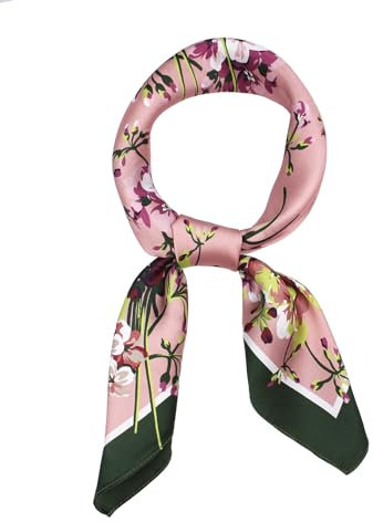 ANDANTINO Schal aus 100 % reiner Maulbeerseide, quadratisch, 68 cm, für Damen und Herren, Naturseide, digital bedruckt, Kopftuch, Blumen-Rosa und Grün, Medium
